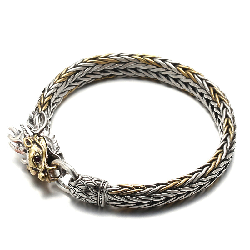 925 Silver Retro Hand Woven Gold Head Bracelet