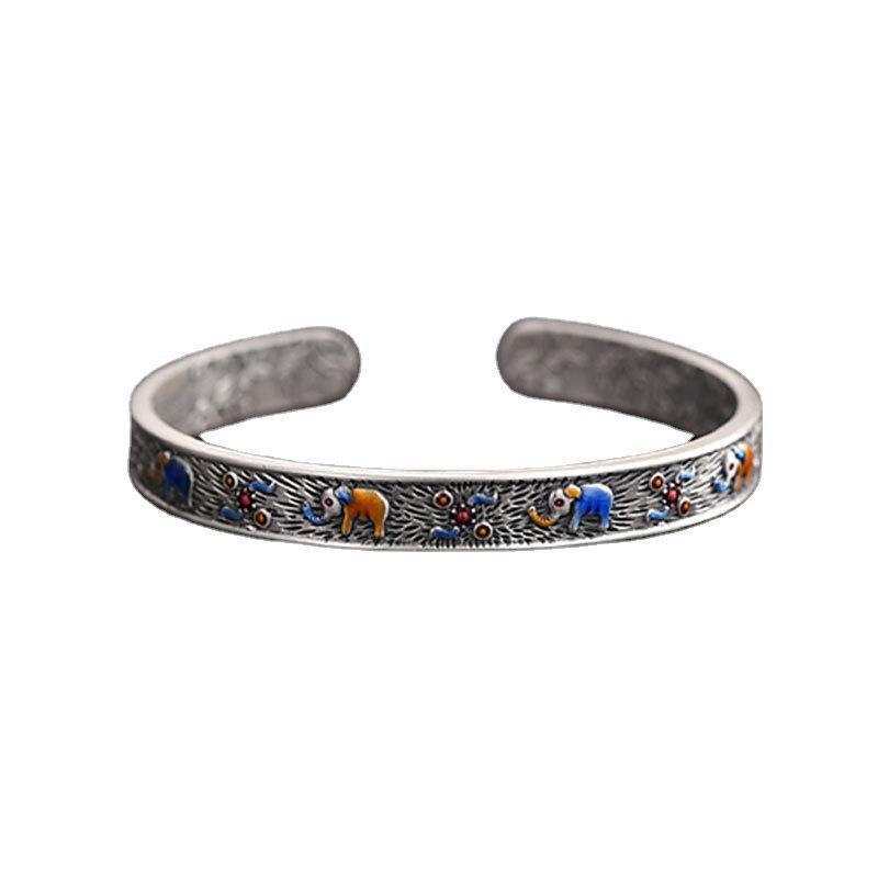 Retro ethnic style auspicious elephant enamel open silver bracelet