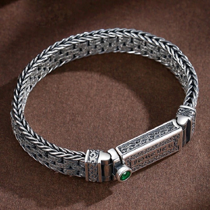 Grass pattern six-character mantra forever 925 silver men's bracelet