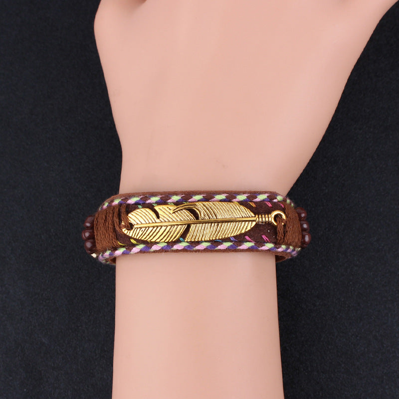 Feather leather rope woven adjustable bracelet