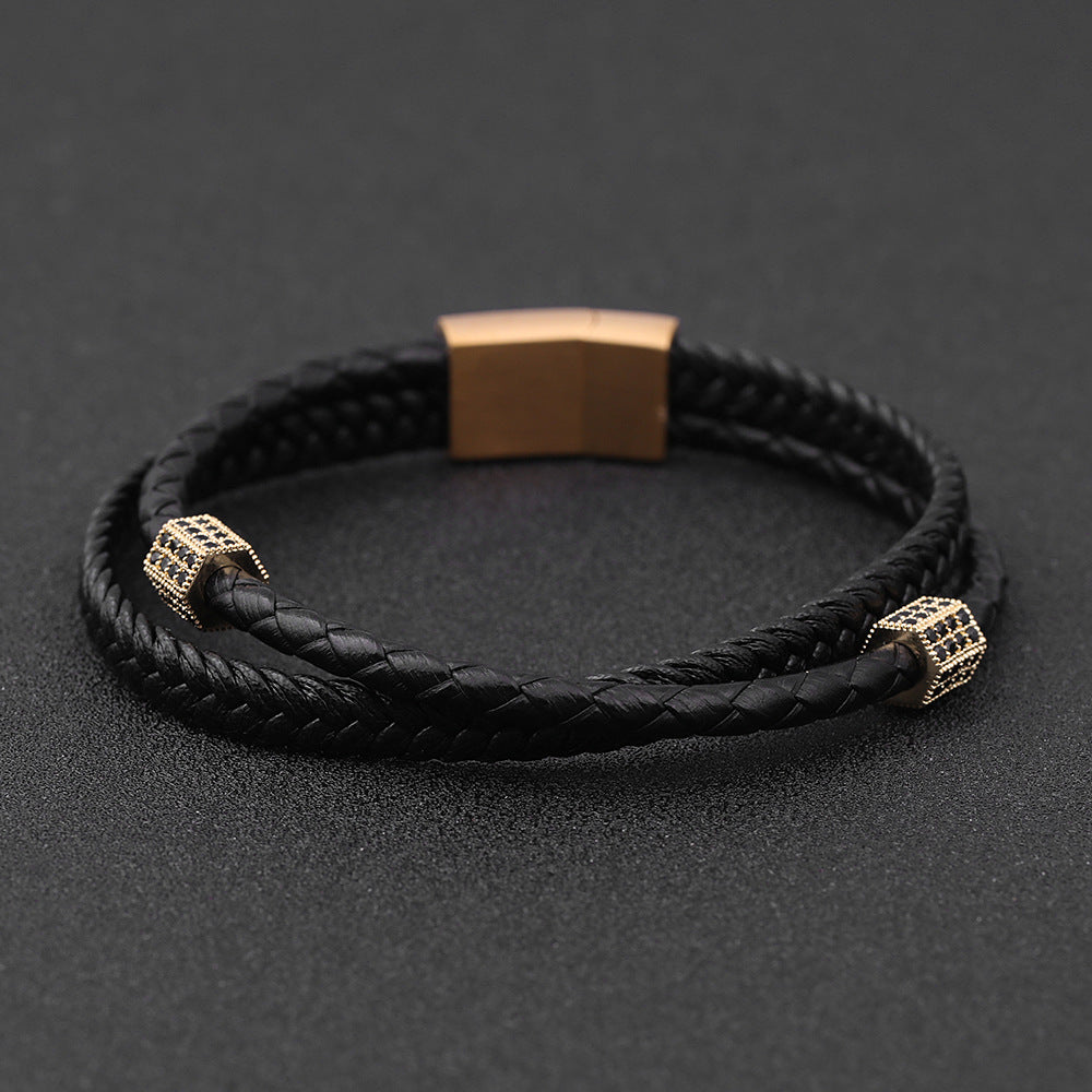 925 Silver Men's multilayer woven leather bracelet Stainless steel diamond inset bracelet gift
