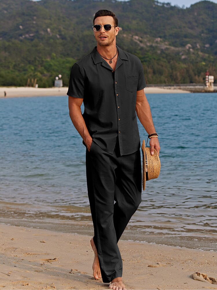 Casual Linen Style Beach Shirt Sets (Live Only)