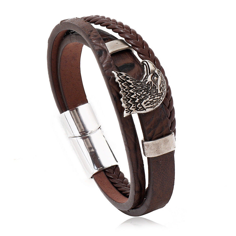 Men's Eagle Head Alloy Woven Leather Bracelet