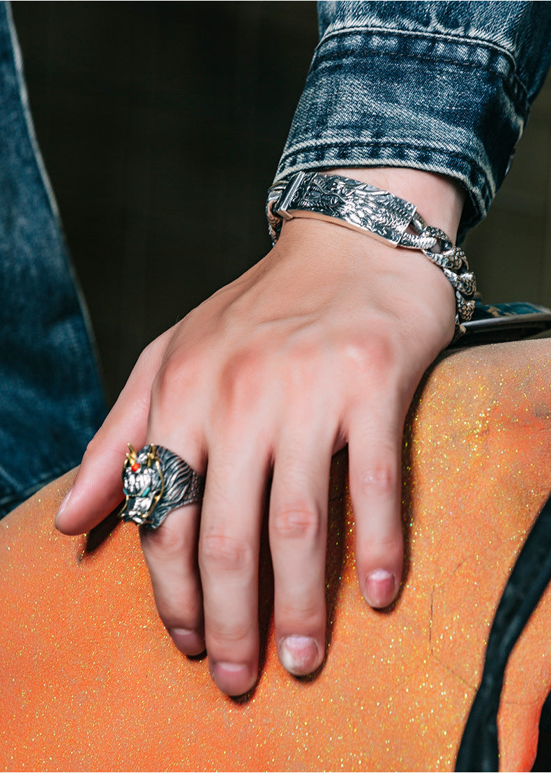 925 Silver European and American double ancient dragon bracelet