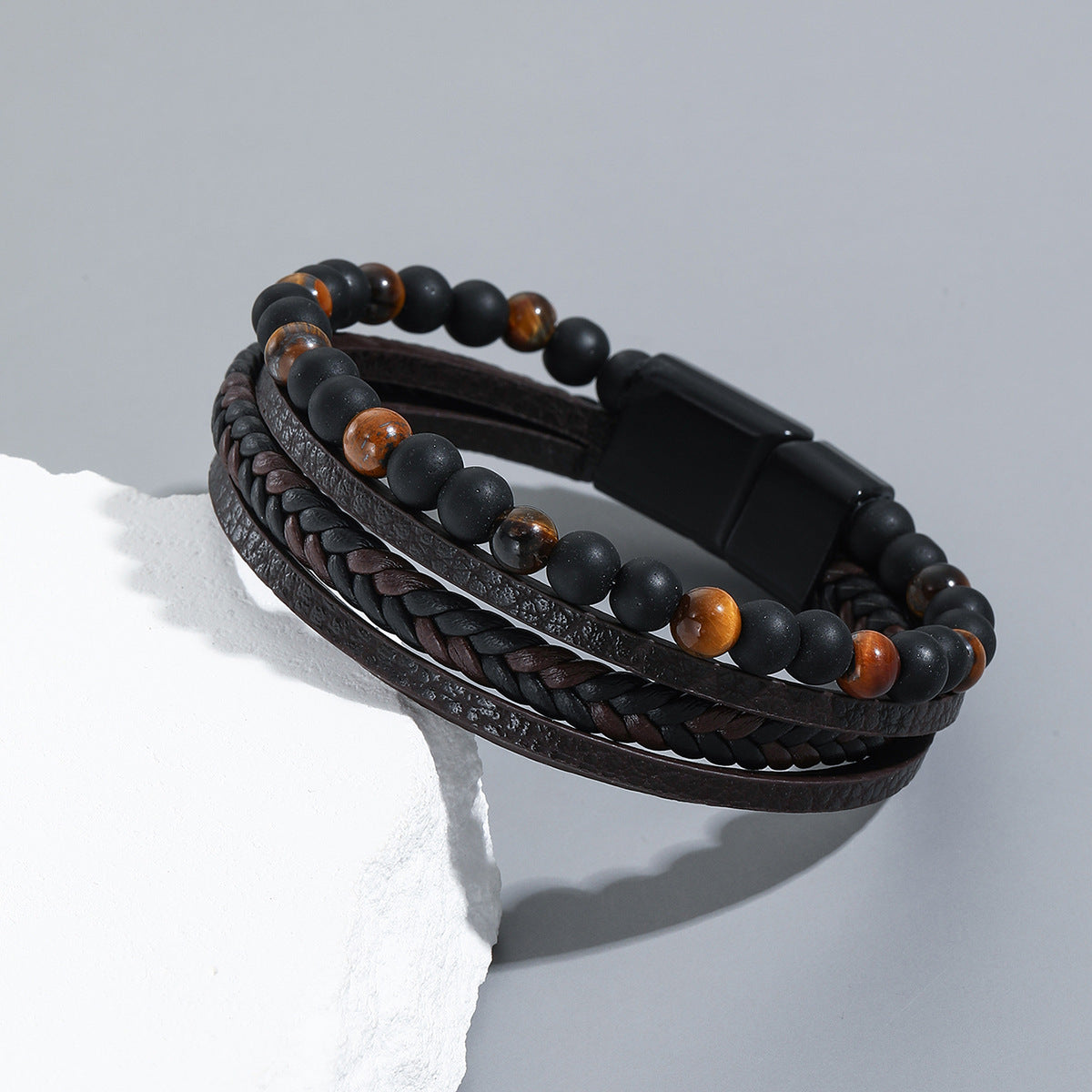 Men's Woven Natural Obsidian Bracelet