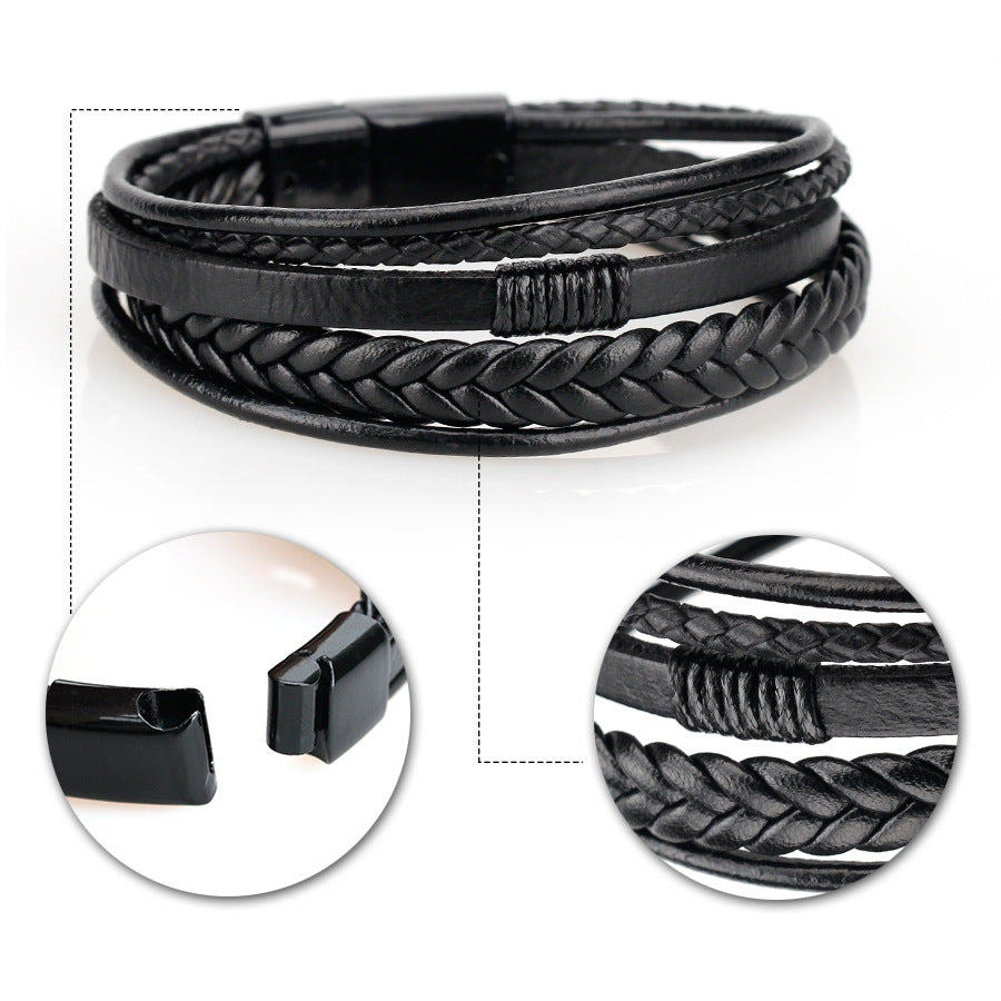 925 Silver Fashion leather rope hand woven bracelet men's bracelet