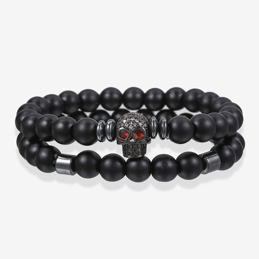 Chictango Black Frosted Beads Copper Skull 2Pcs Bracelet