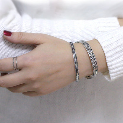 925 Silver Simple Handmade Vintage Feather Leaf Personality Bracelet