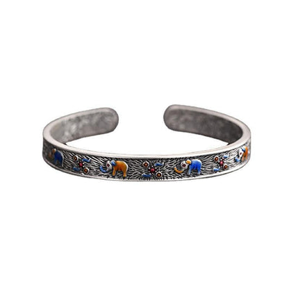Retro ethnic style auspicious elephant enamel open silver bracelet