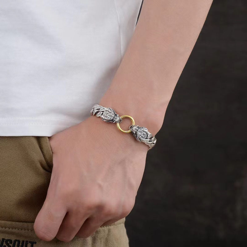 S925 Silver Retro Double Dragon Head Six-Character Bracelet