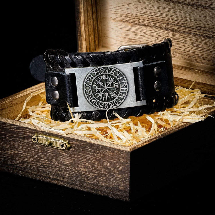 Genuine Leather Buckle Arm Cuff Vegvisir Metal Bracelet