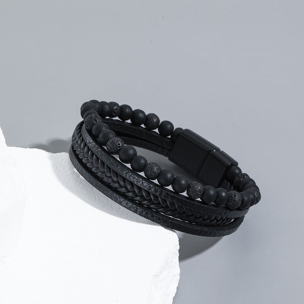 Men's Woven Natural Obsidian Bracelet