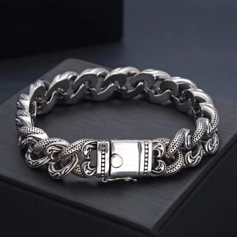 925 Silver Vintage Wide Rattan Hip Hop Bracelet