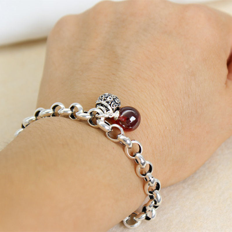 925 Silver Vintage Red Agate Bell Bracelet Small Fresh Bracelet