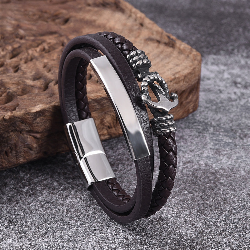 925 Silver Men's stainless steel boat anchor leather rope bracelet multilayer leather woven bracelet