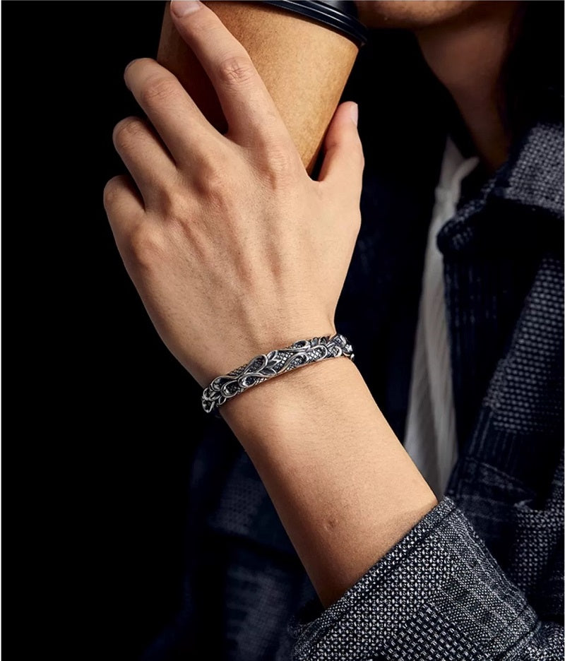 S925 3D Relief Wave Open Bracelet