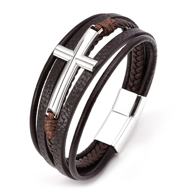 Men's Multi-Layered Leather Cord Cross Braided Bracelet