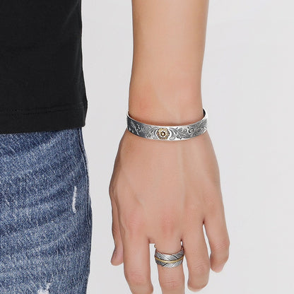 S925  Antique carved rose arabesque open adjustable bracelet