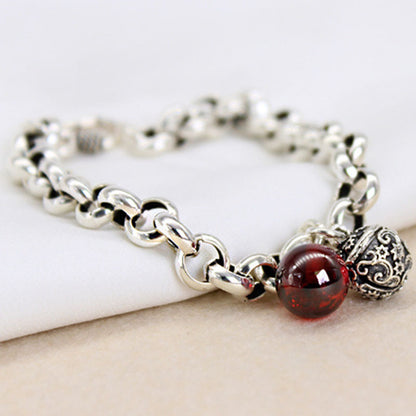 925 Silver Vintage Red Agate Bell Bracelet Small Fresh Bracelet