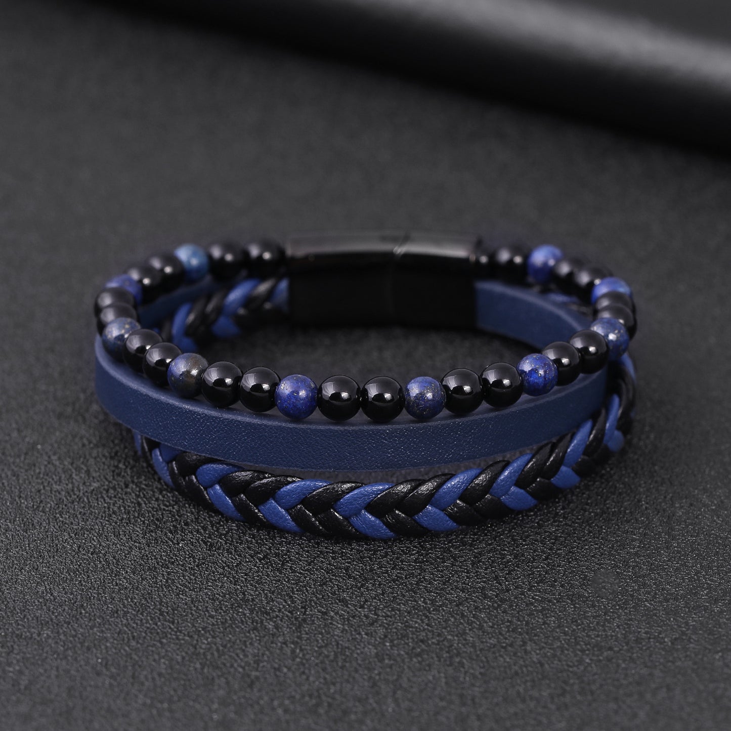 Men's natural stone volcano stone lapis lazuli leather bracelet stainless steel leather woven bracelet multilayer men's titanium steel jewelry