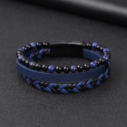 Men's natural stone volcano stone lapis lazuli leather bracelet stainless steel leather woven bracelet multilayer men's titanium steel jewelry