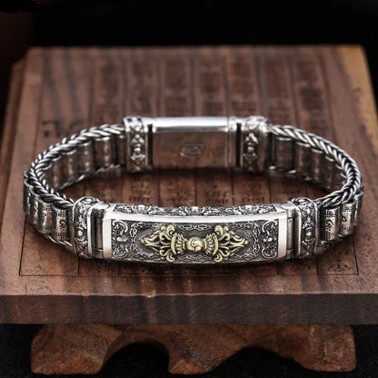 925 Silver Six Character Truth Vajra Pestle Rotating Drum Hand Bracelet