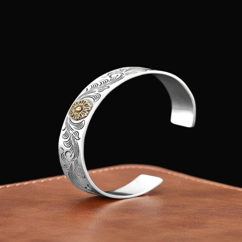 S925  Antique carved rose arabesque open adjustable bracelet