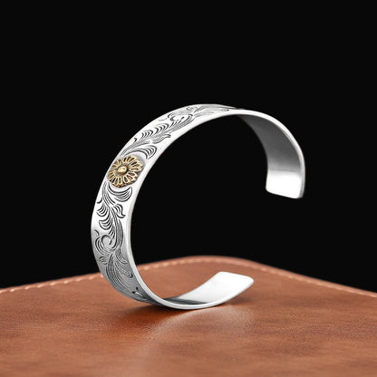 S925  Antique carved rose arabesque open adjustable bracelet