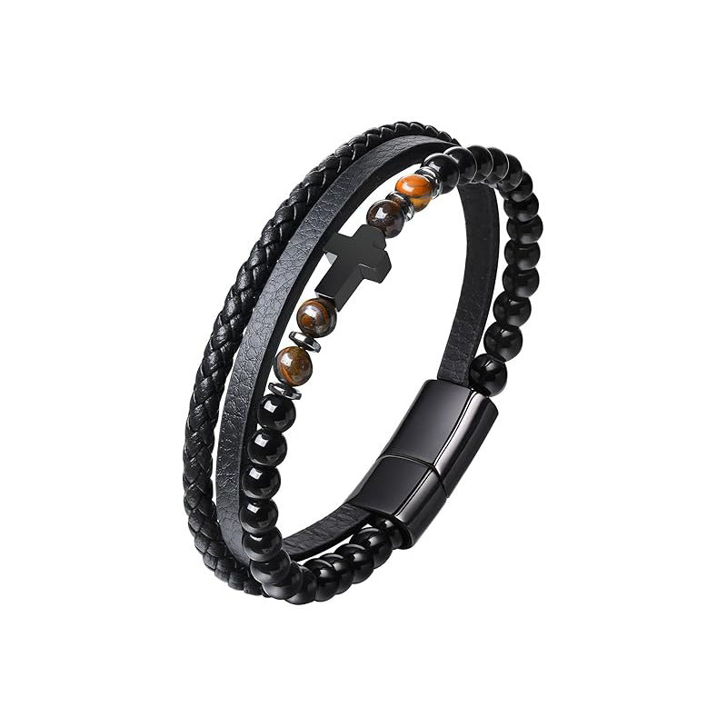 Natural Tiger Eye Stone Bead Multi-Layer Leather Cross Bracelet