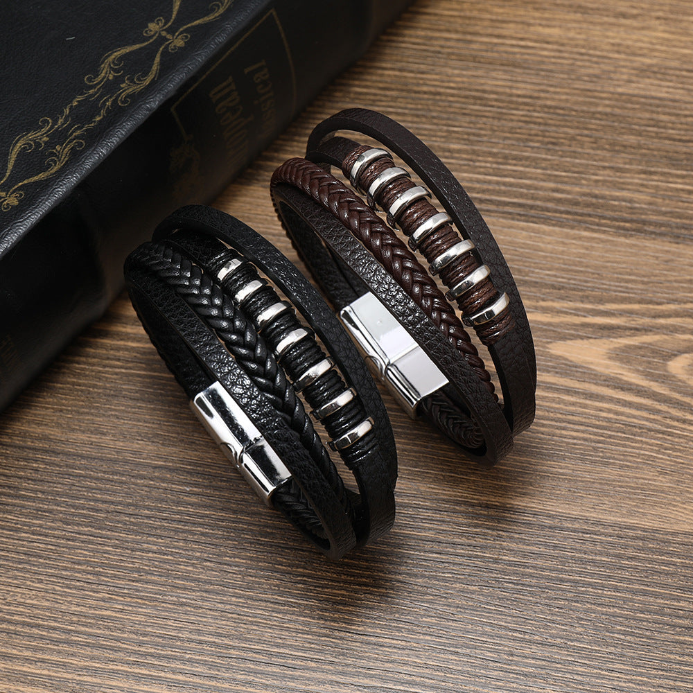 Men's Multi-Layered Leather Rope Braided Magnetic Clasp Bracelet