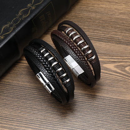 Men's Multi-Layered Leather Rope Braided Magnetic Clasp Bracelet