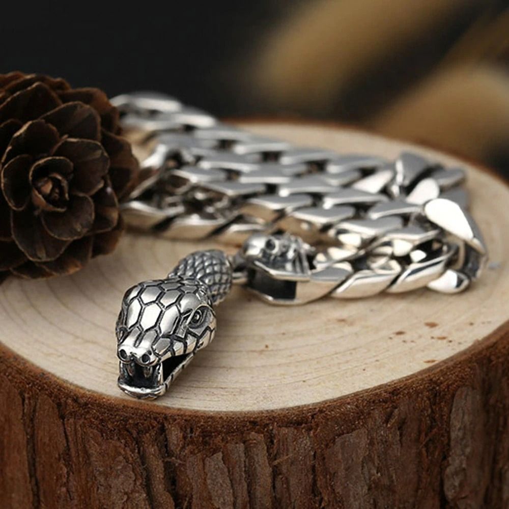 925 Silver Snake Head Buckle Bare Body Men's Bracelet