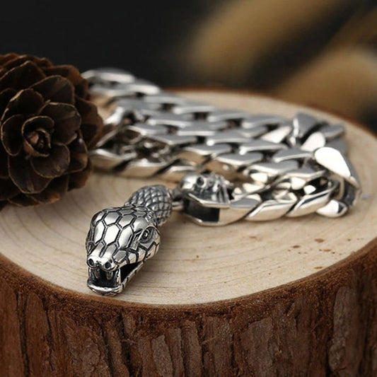 925 Silver Snake Head Buckle Bare Body Men's Bracelet