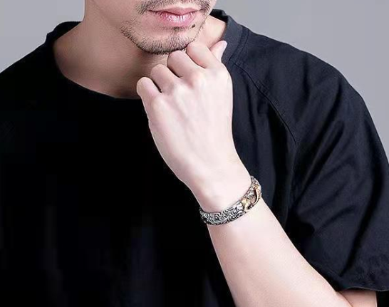 925 Sterling Silver Buddhist Heart Sutra Double Fishes Lotus Open Bracelet