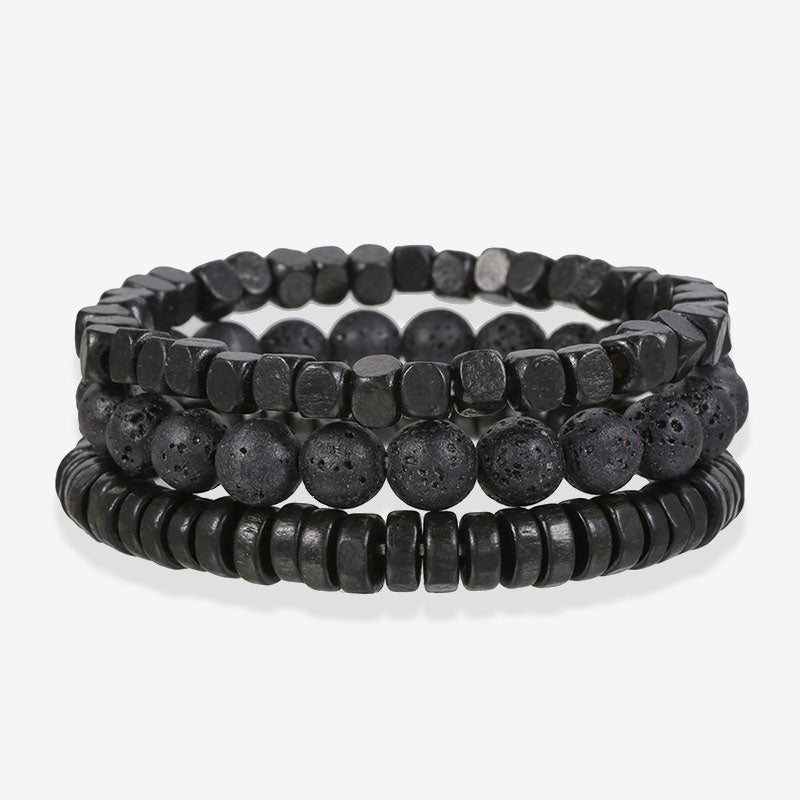 Chictango Black Lava Rock Wood Bead 3Pcs Bracelet