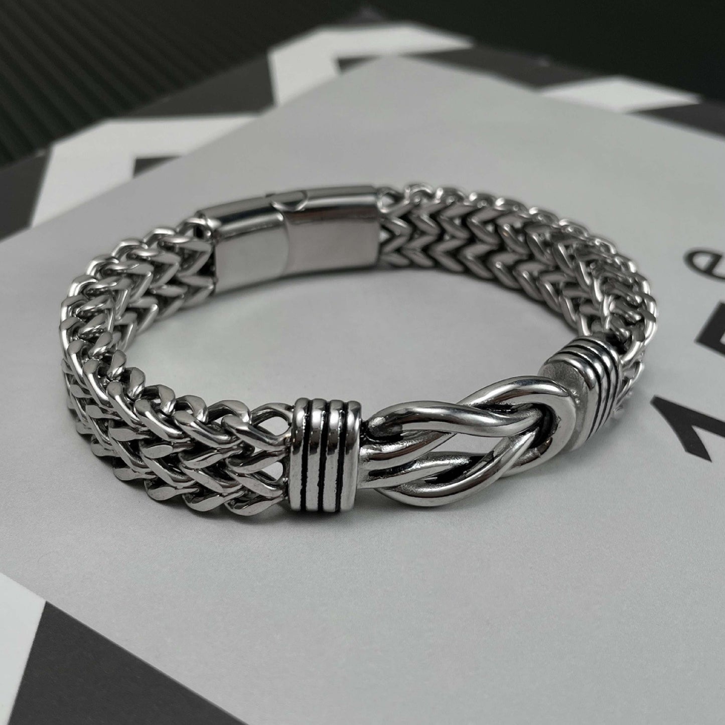 925 Silver Retro Hip Hop Double Chain Magnetic Buckle Bracelet
