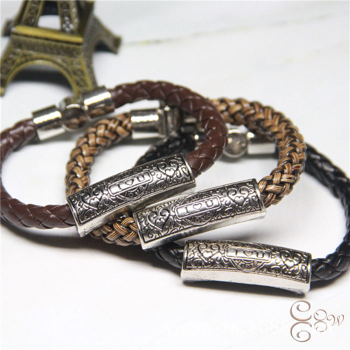 European leather +925 sterling silver lovers bracelet simple love wish