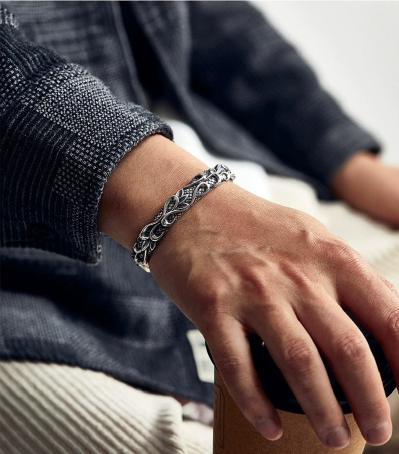 S925 3D Relief Wave Open Bracelet
