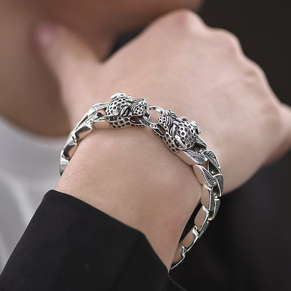 925 Silver Vintage Double Leopard Head Bracelet