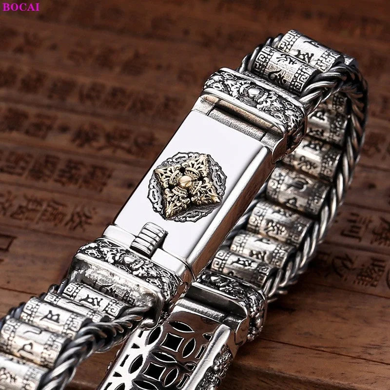 925 Silver Six Character Truth Vajra Pestle Rotating Drum Hand Bracelet