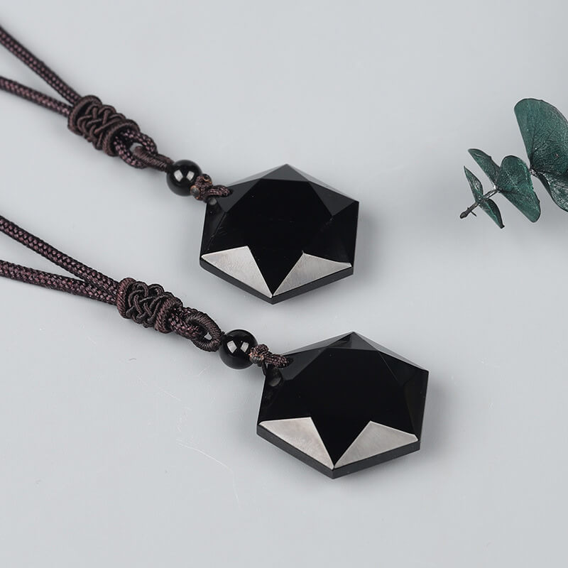 Natural Obsidian Six-Pointed Star Pendant Necklace