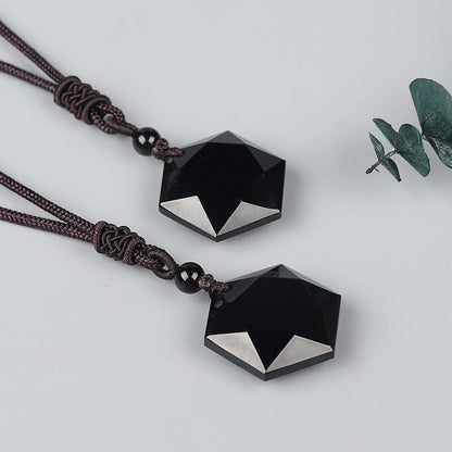 Natural Obsidian Six-Pointed Star Pendant Necklace