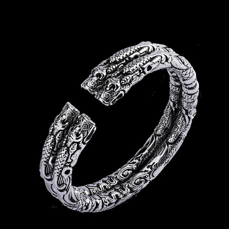 925 Sterling Silver Double Tap Retro Open Couple Bracelet