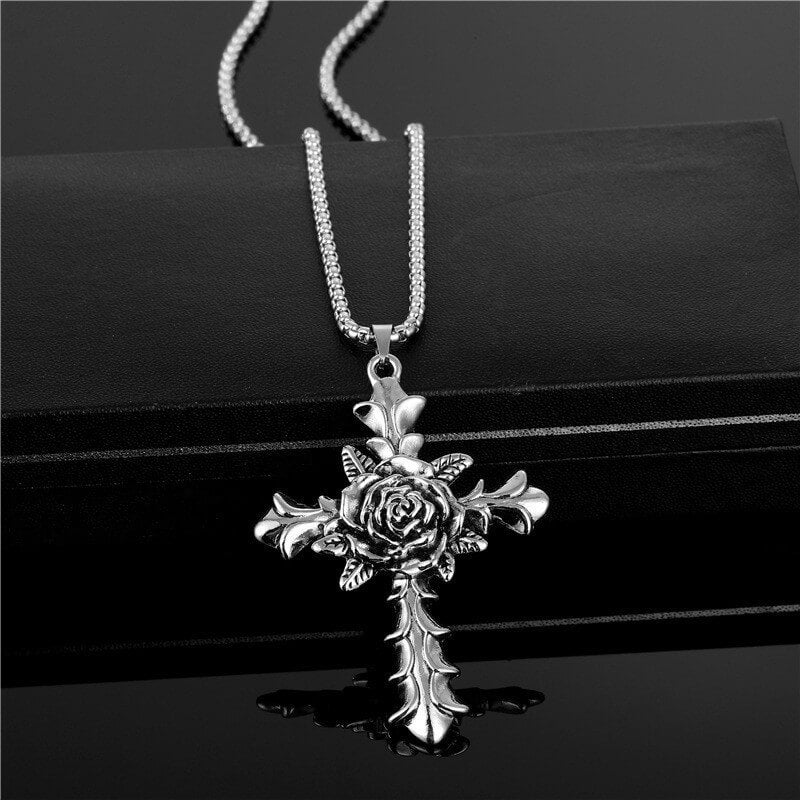 Rose Cross Gothic Pendant Necklace