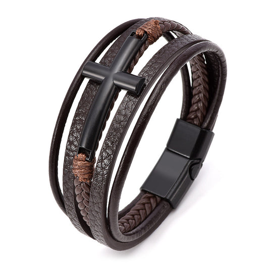 Men's Multi-Layered Leather Cord Cross Braided Bracelet