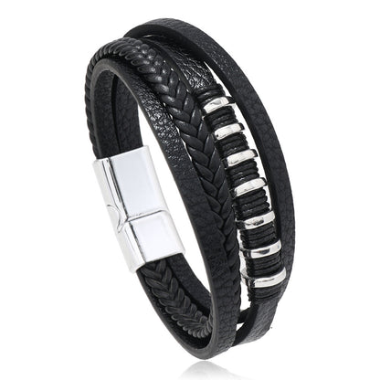 Men's Multi-Layered Leather Rope Braided Magnetic Clasp Bracelet