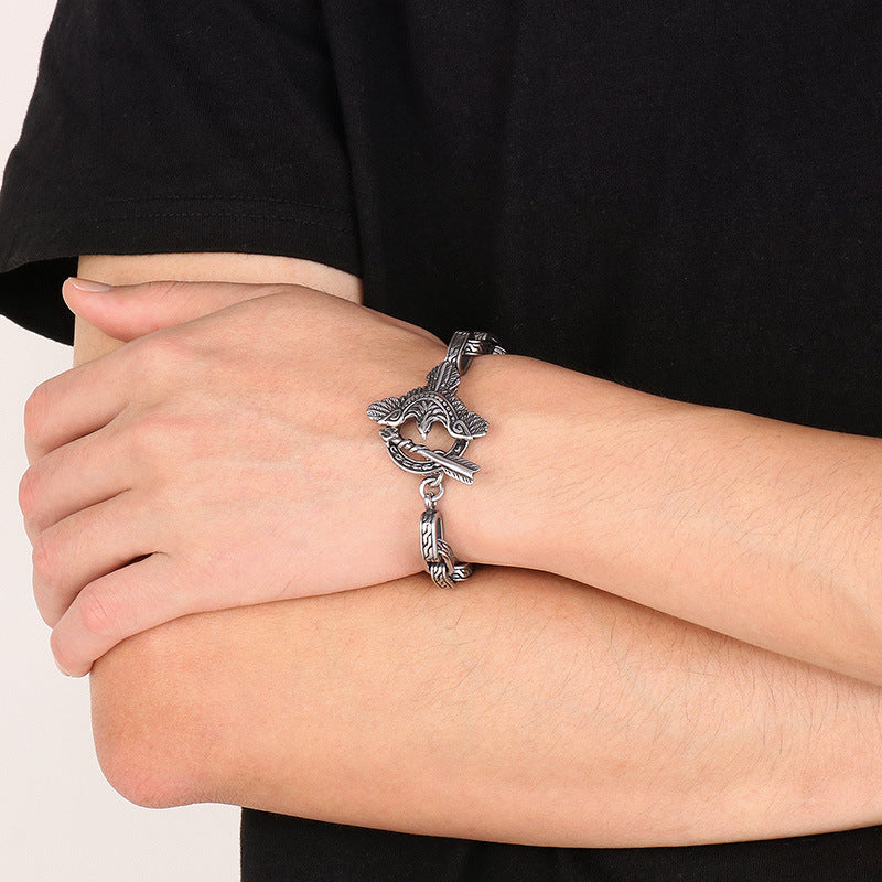 925 Silver Punk Blackened Eagle Pattern Plaid Bracelet