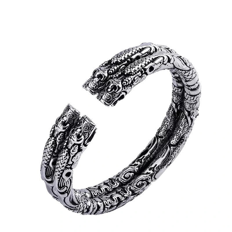 925 Sterling Silver Double Tap Retro Open Couple Bracelet