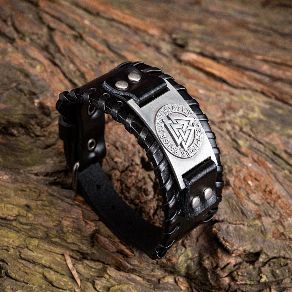 Genuine Leather Buckle Arm Cuff Valknut Rune Metal Bracelet