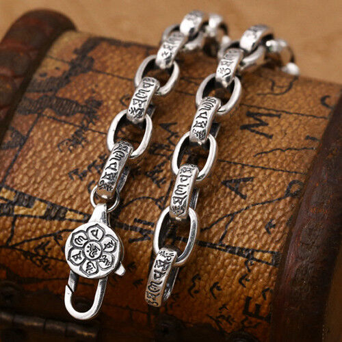 925 Silver Six Character Truth Vajra Pestle Link Chain Bracelet